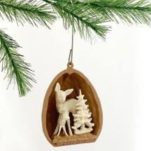 2 Miniature Plastic Ornaments ~ Walnut Deer Scenes ~ 1-1/2" tall